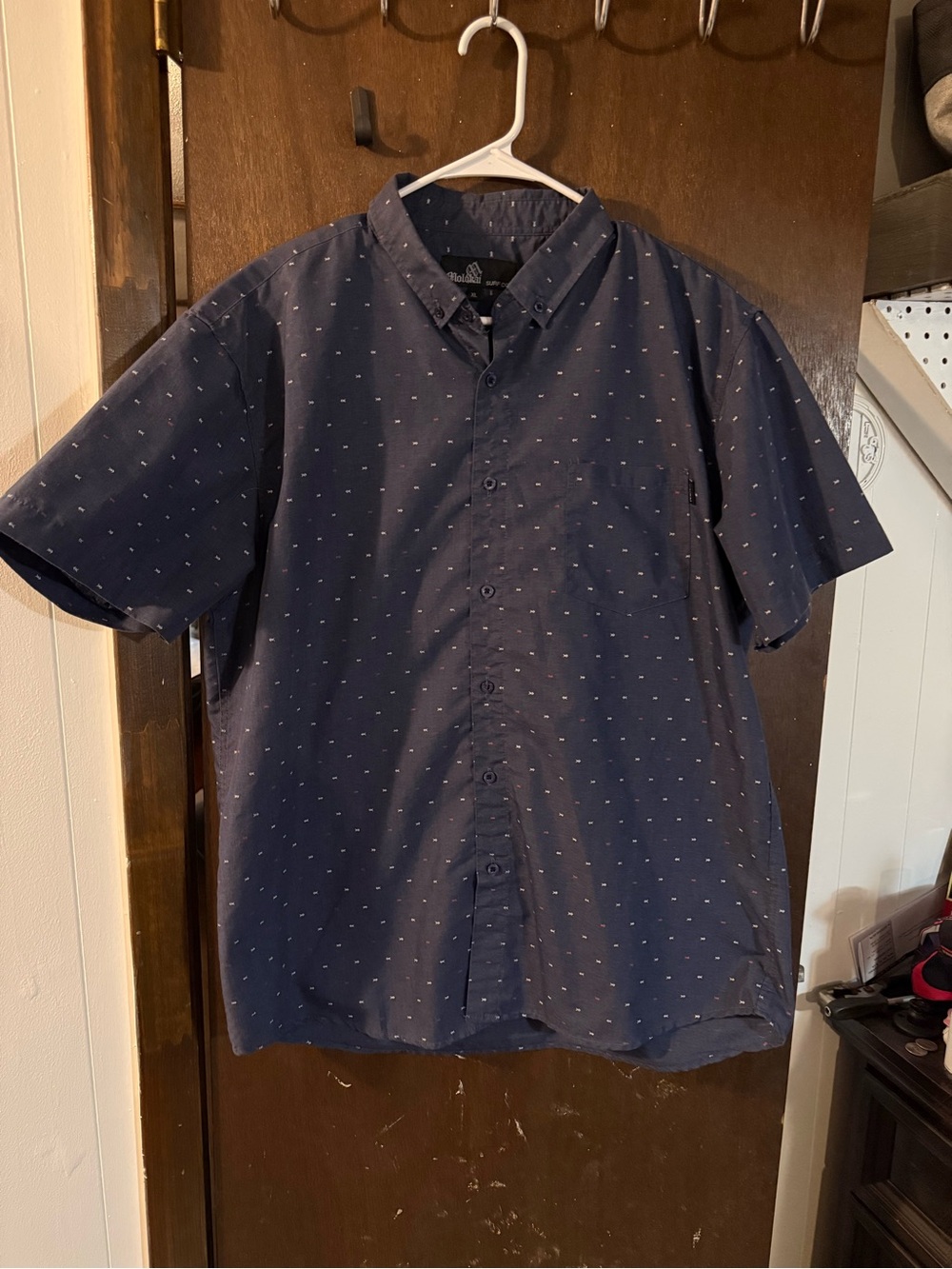 Casual Navy Short-Sleeve Button-Down Shirt with Micro Dot Print